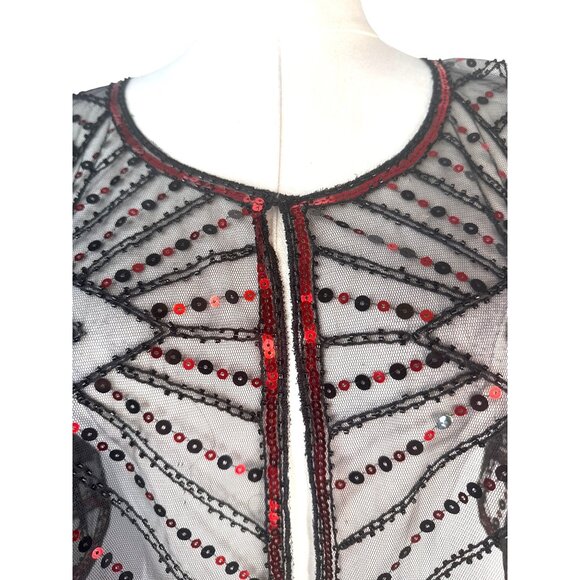 Vintage OS Style Red & Black Evening Sequin Cape Round Neckline Shrug - Picture 4 of 15